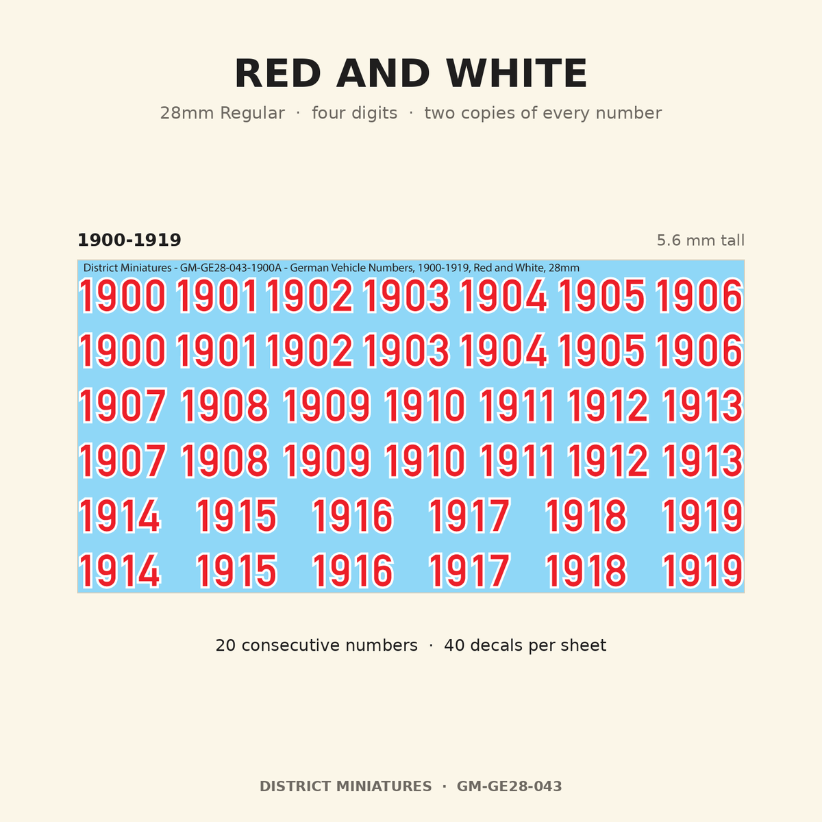 Red and White — 28mm Regular four-digit vehicle numbers