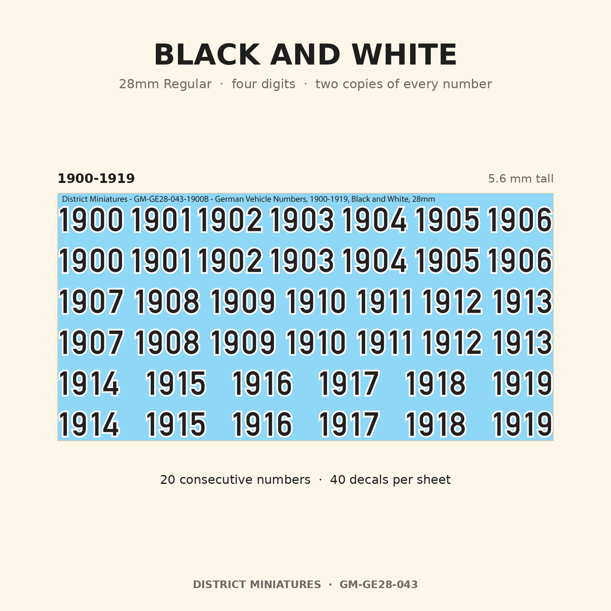 Black and White — 28mm Regular four-digit vehicle numbers