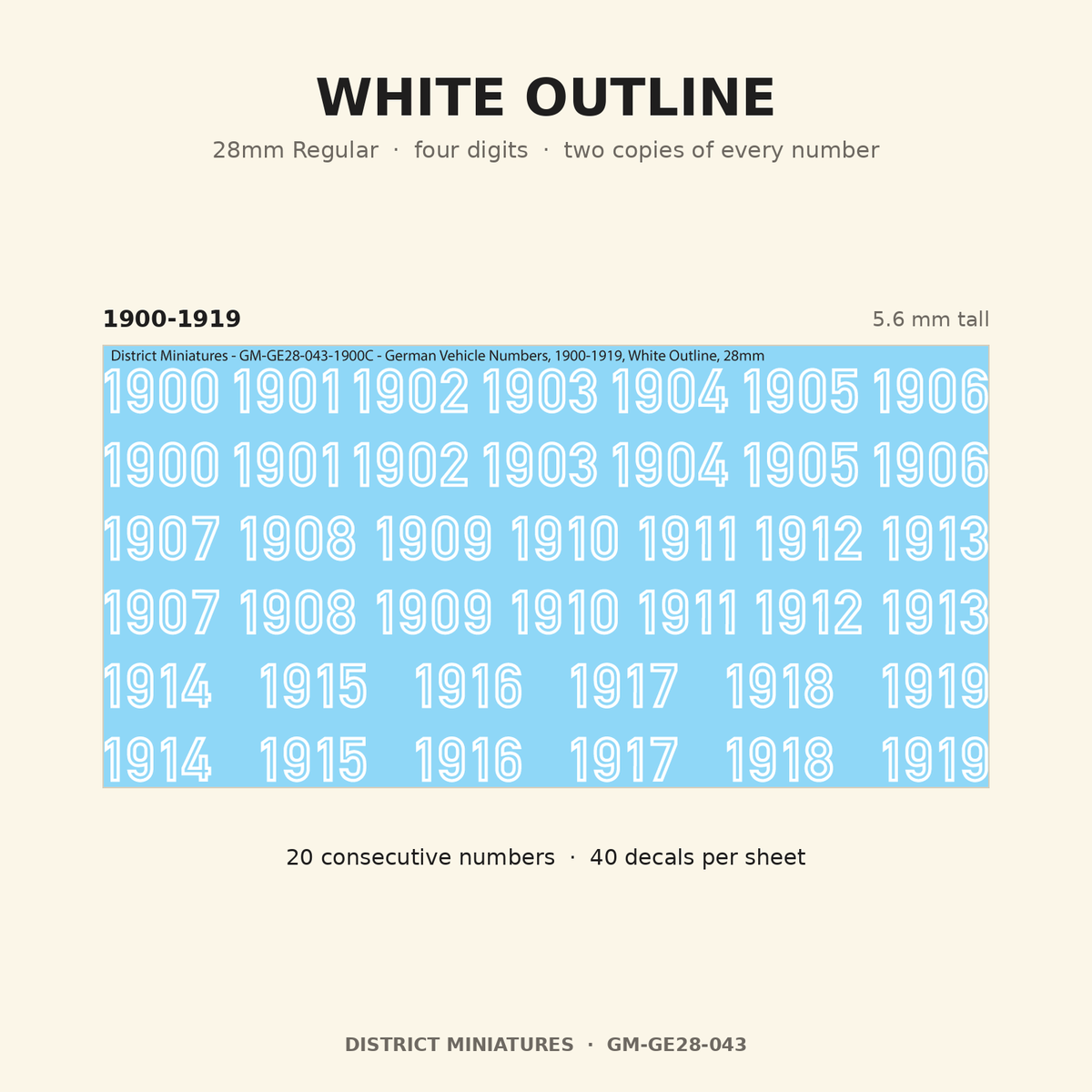 White Outline — 28mm Regular four-digit vehicle numbers