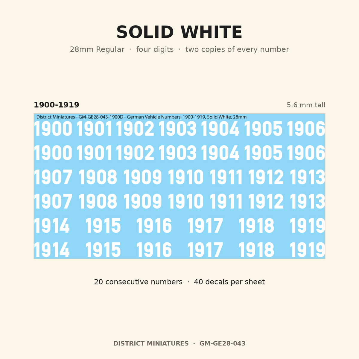 Solid White — 28mm Regular four-digit vehicle numbers