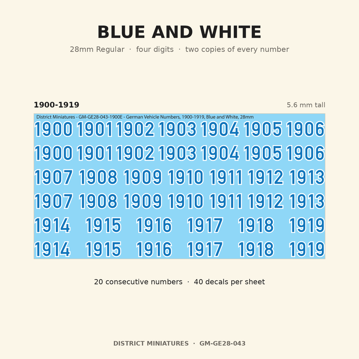 Blue and White — 28mm Regular four-digit vehicle numbers