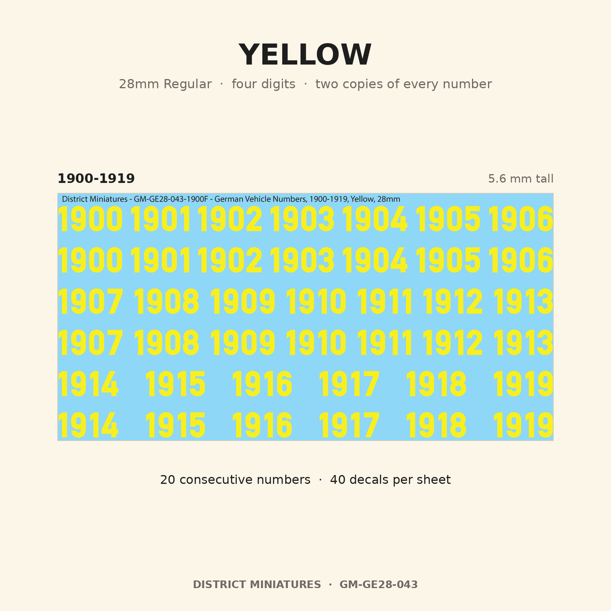Yellow — 28mm Regular four-digit vehicle numbers