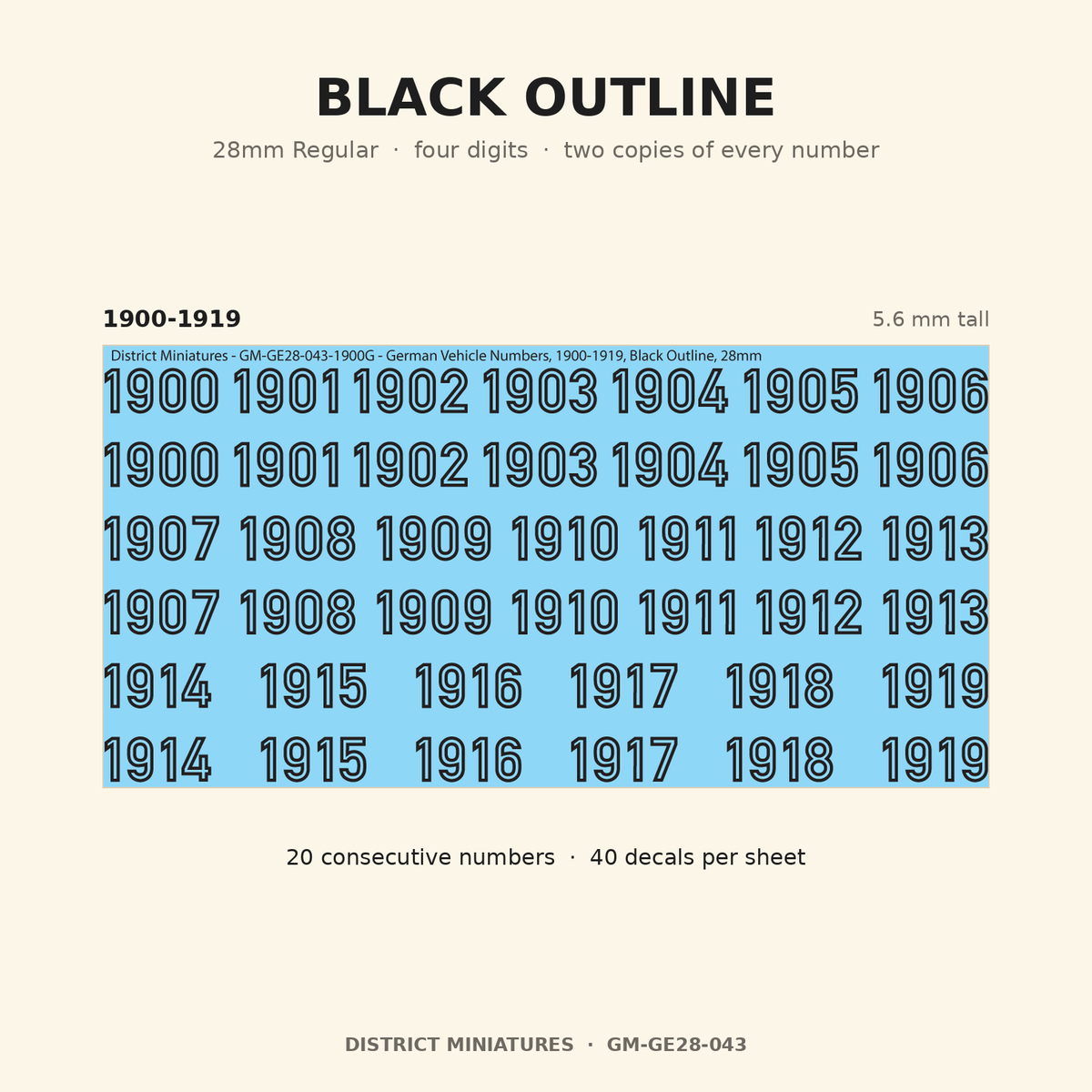 Black Outline — 28mm Regular four-digit vehicle numbers