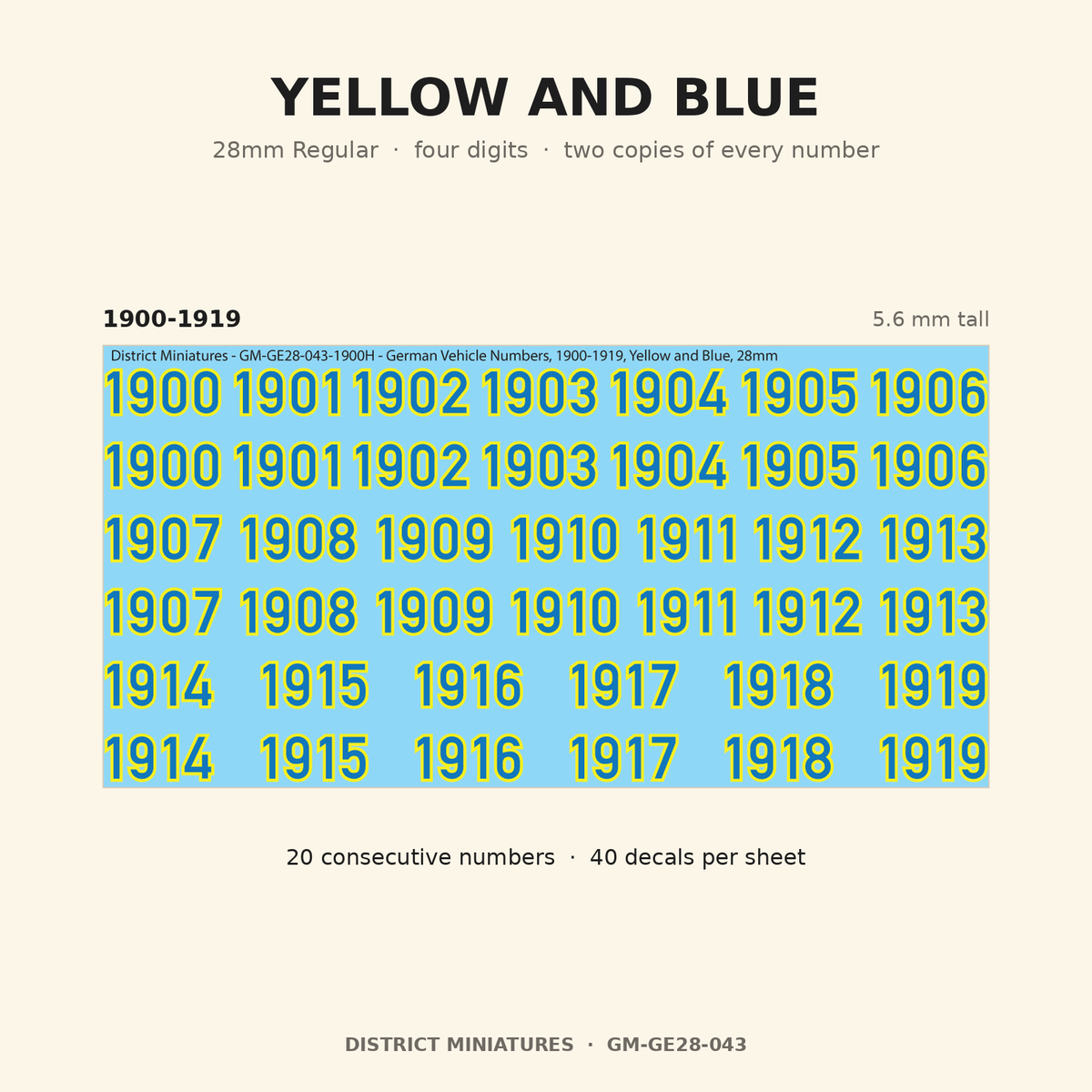 Yellow and Blue — 28mm Regular four-digit vehicle numbers
