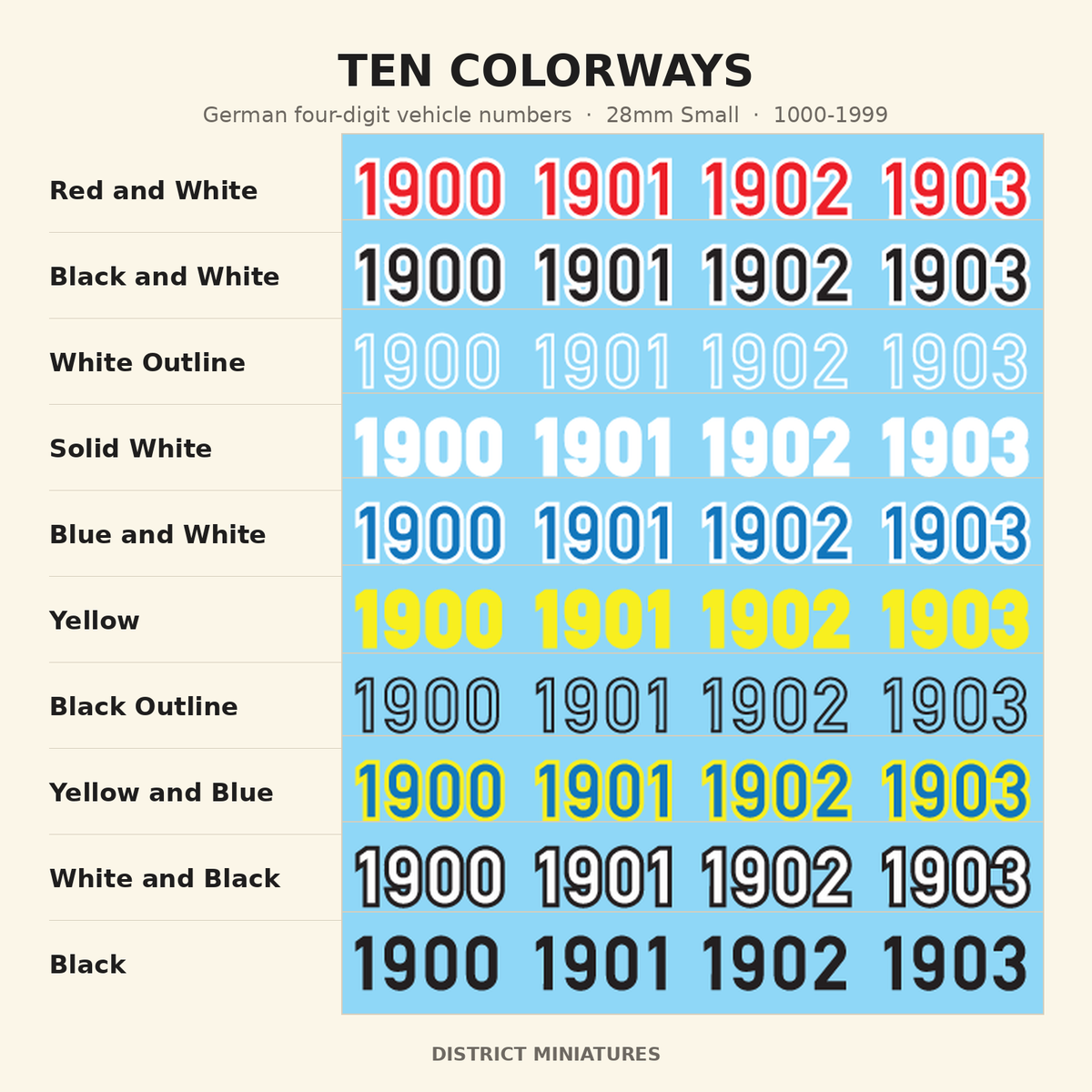 Ten colorways — German four-digit vehicle numbers, 28mm Small