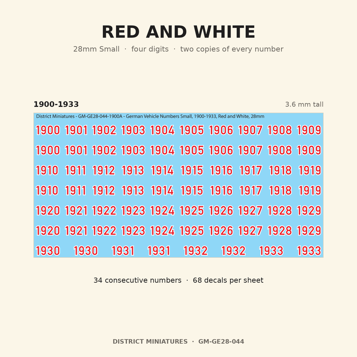Red and White — 28mm Small four-digit vehicle numbers