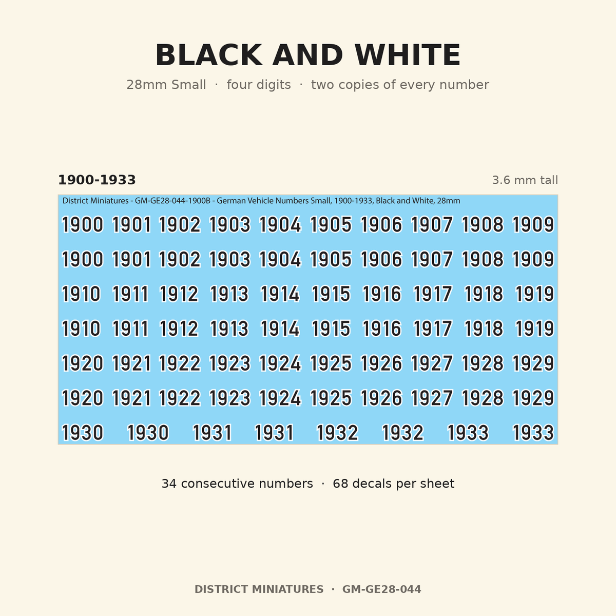 Black and White — 28mm Small four-digit vehicle numbers