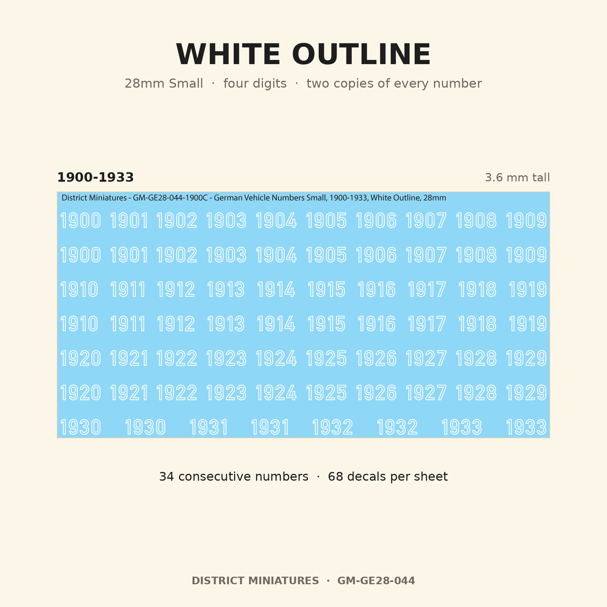 White Outline — 28mm Small four-digit vehicle numbers