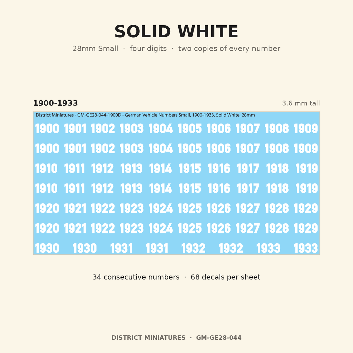 Solid White — 28mm Small four-digit vehicle numbers