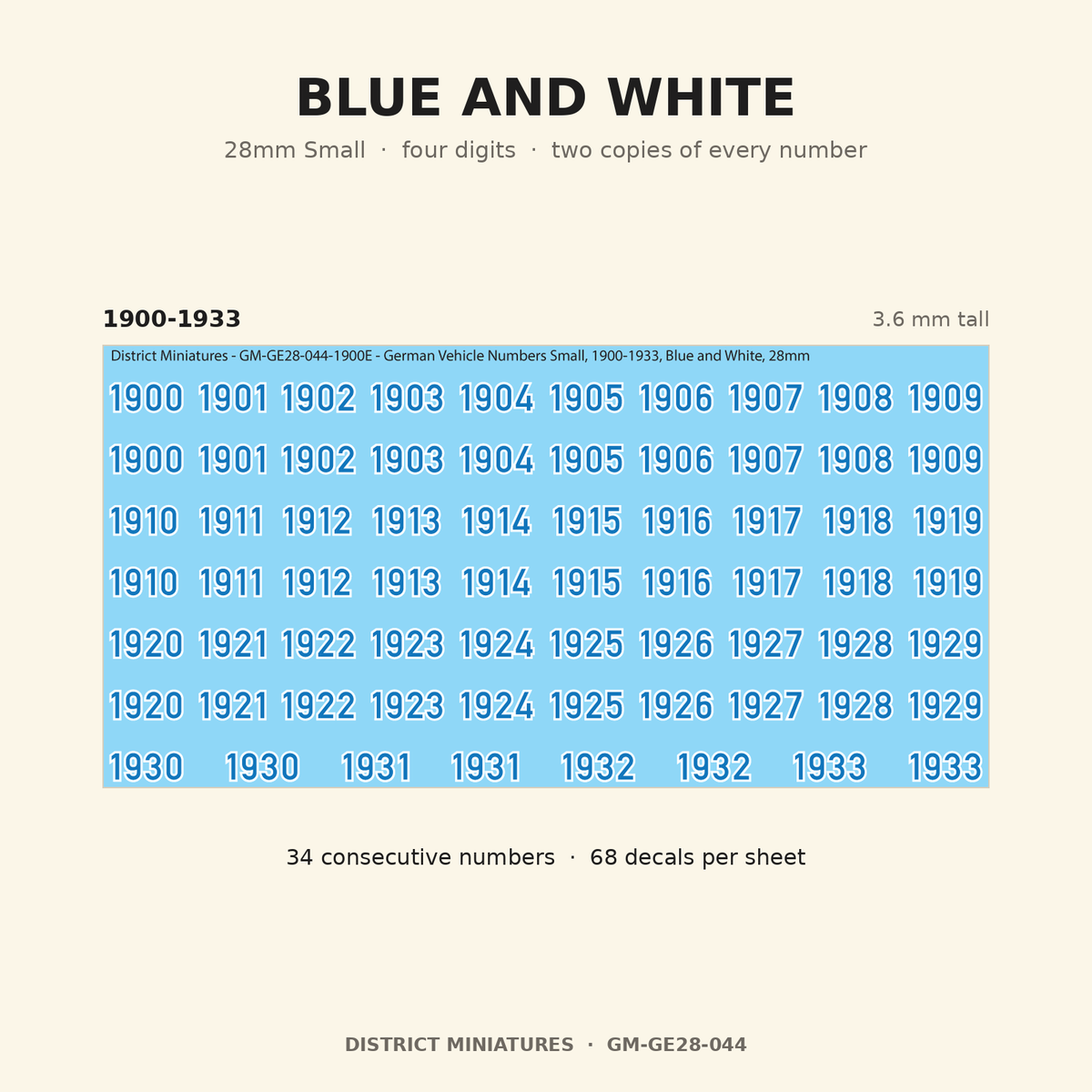 Blue and White — 28mm Small four-digit vehicle numbers
