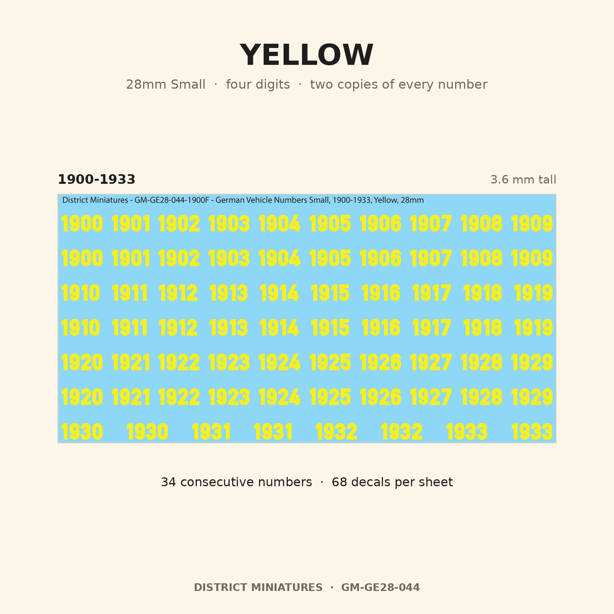 Yellow — 28mm Small four-digit vehicle numbers