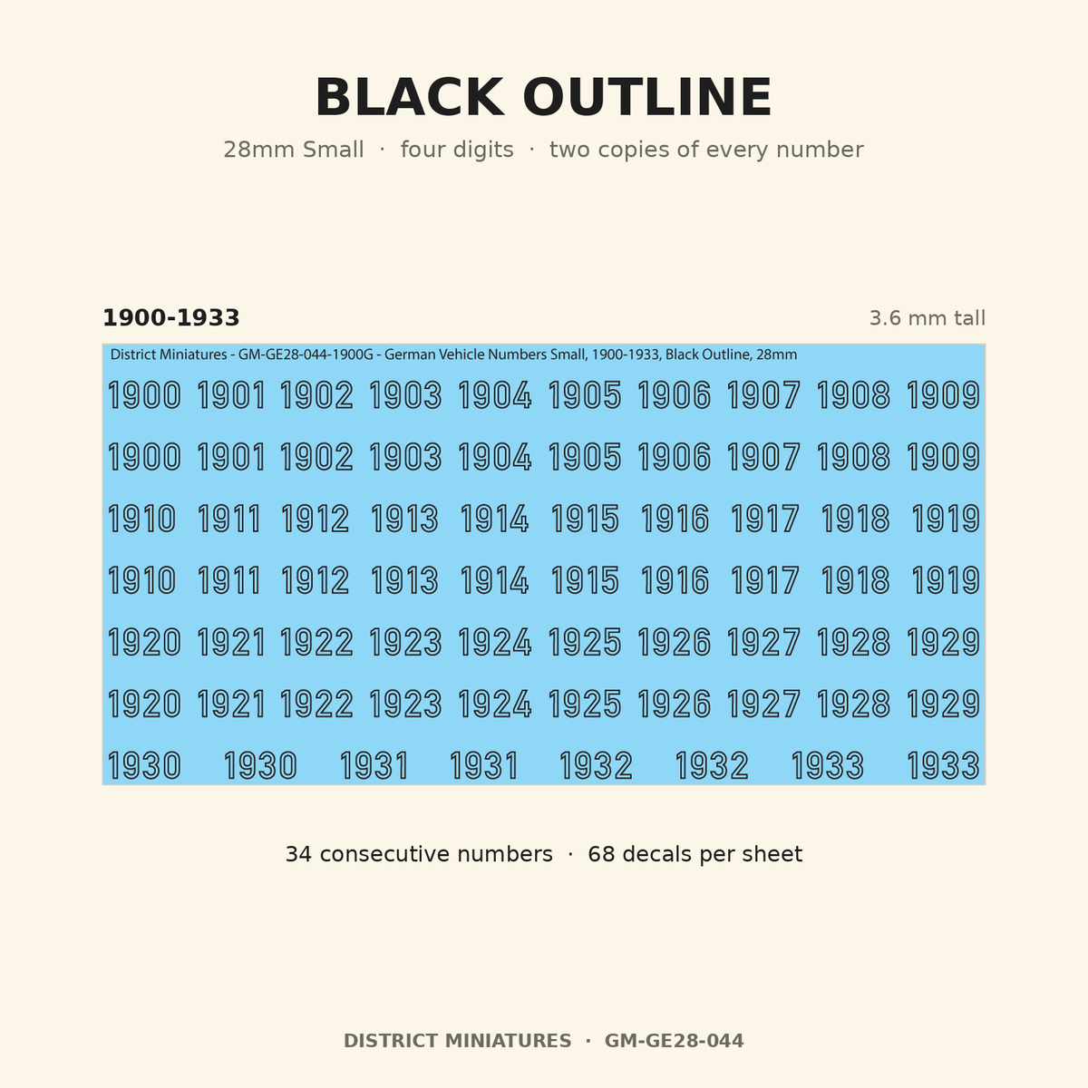 Black Outline — 28mm Small four-digit vehicle numbers