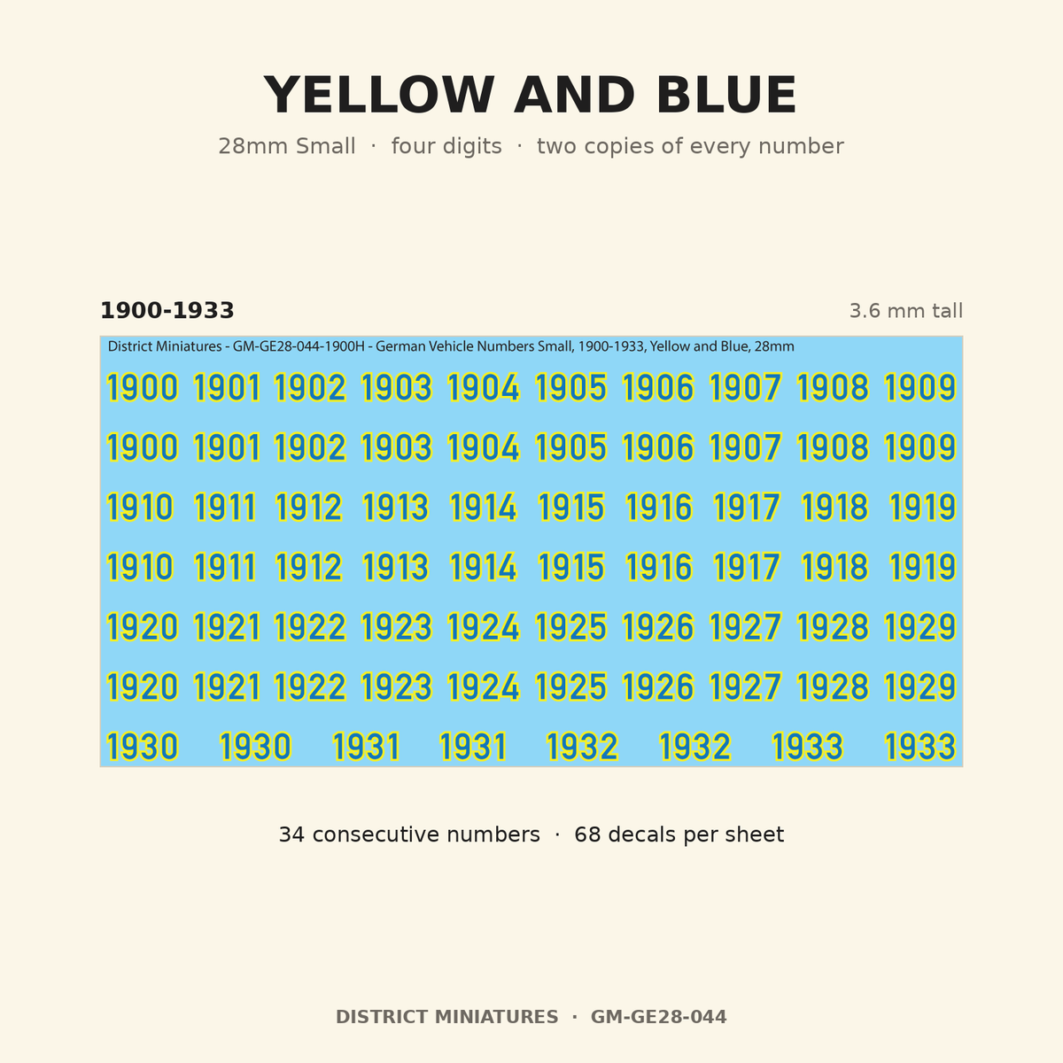Yellow and Blue — 28mm Small four-digit vehicle numbers