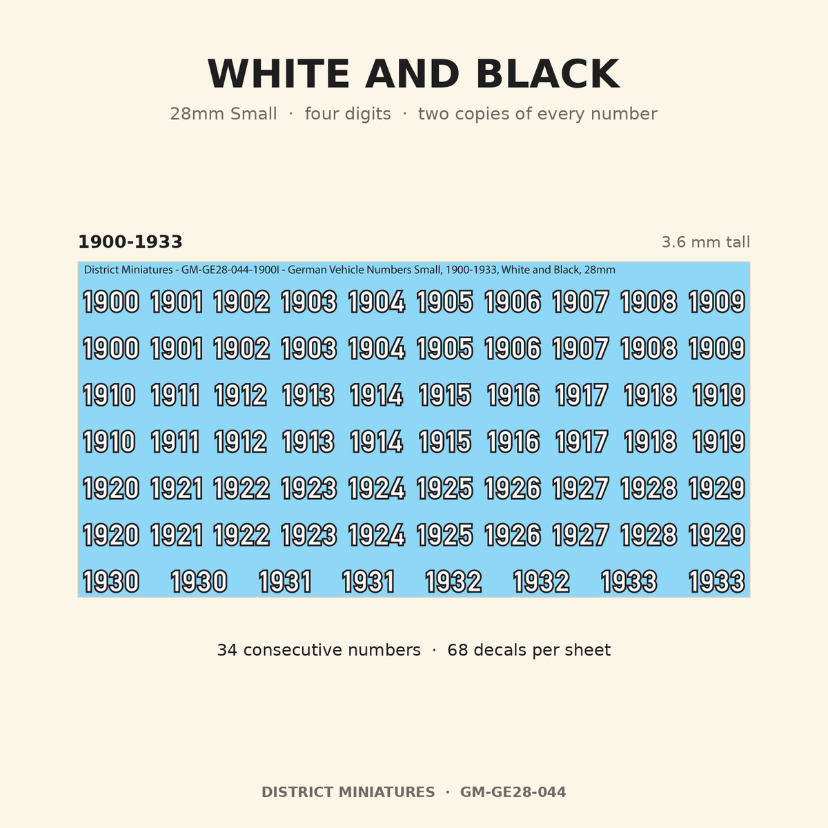 White and Black — 28mm Small four-digit vehicle numbers