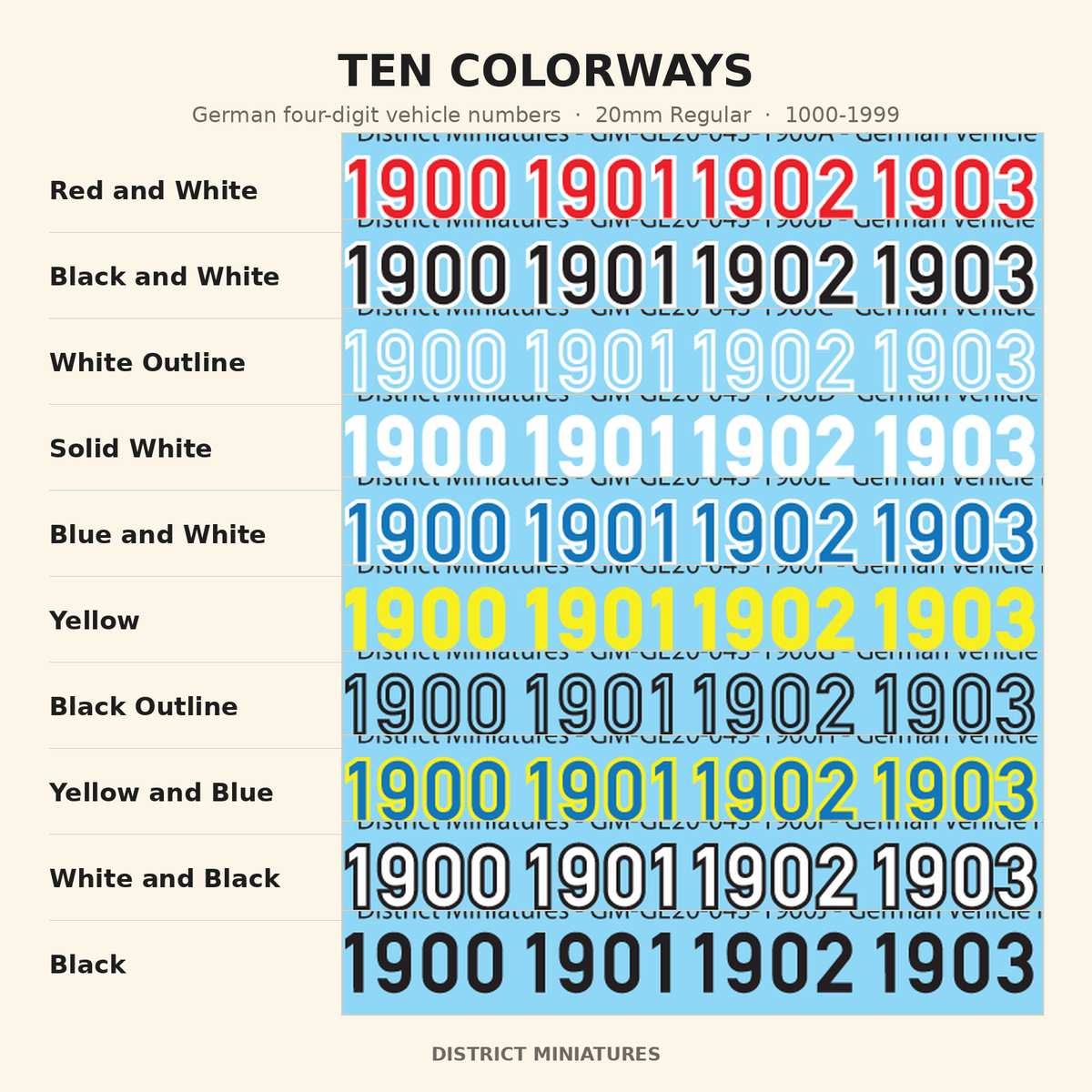Ten colorways — German four-digit vehicle numbers, 20mm Regular