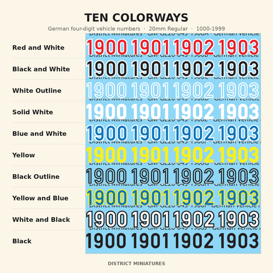 Ten colorways — German four-digit vehicle numbers, 20mm Regular