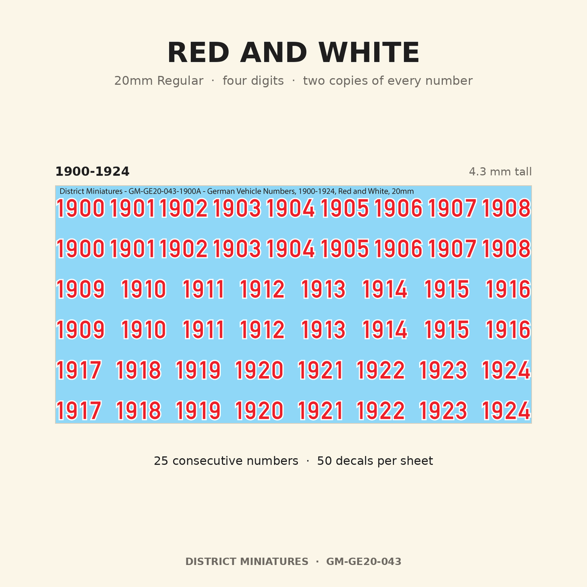 Red and White — 20mm Regular four-digit vehicle numbers