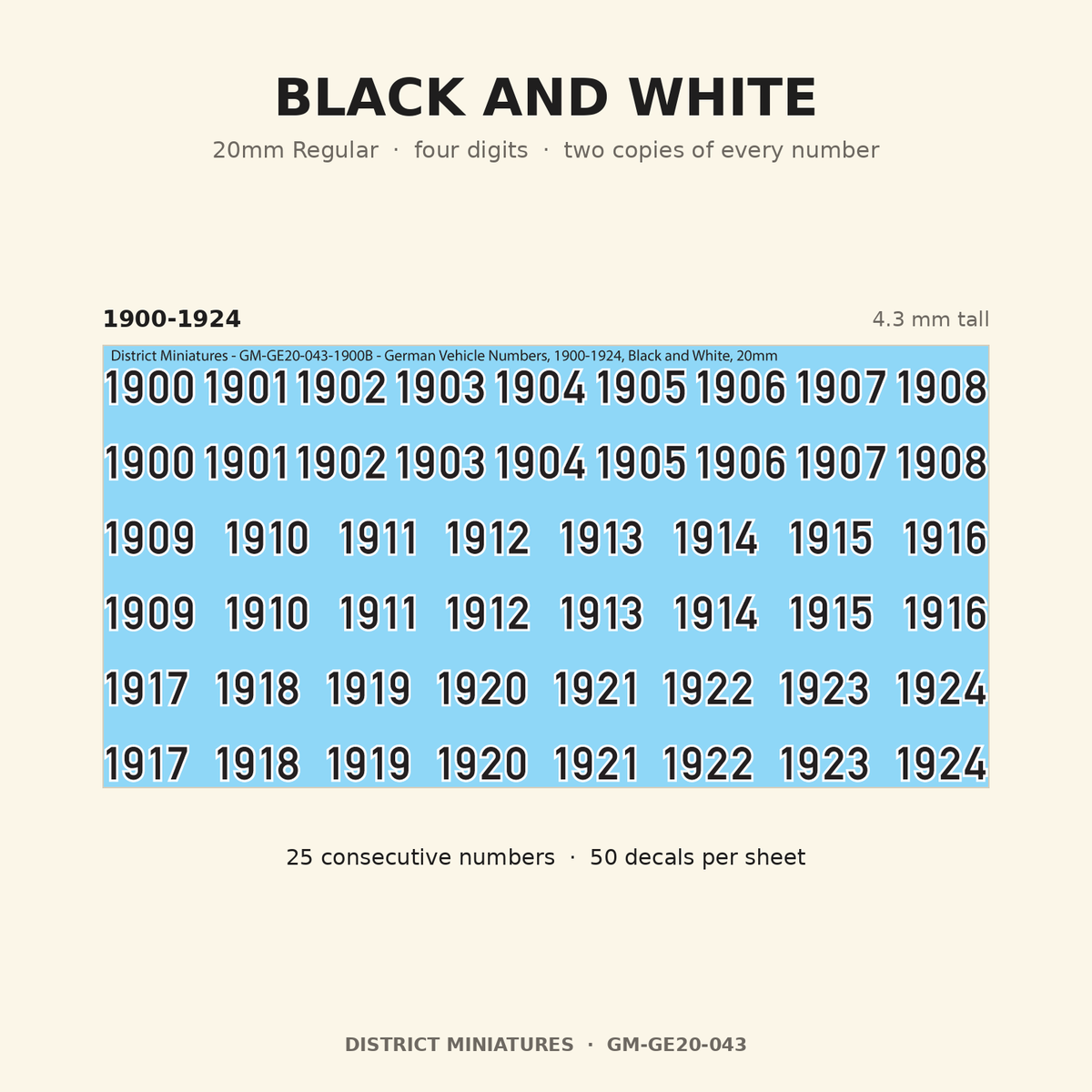 Black and White — 20mm Regular four-digit vehicle numbers