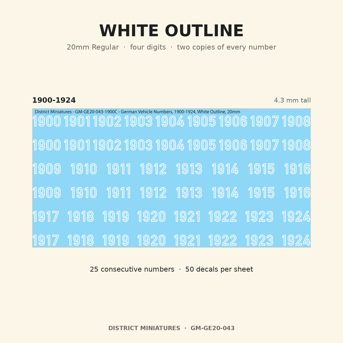 White Outline — 20mm Regular four-digit vehicle numbers