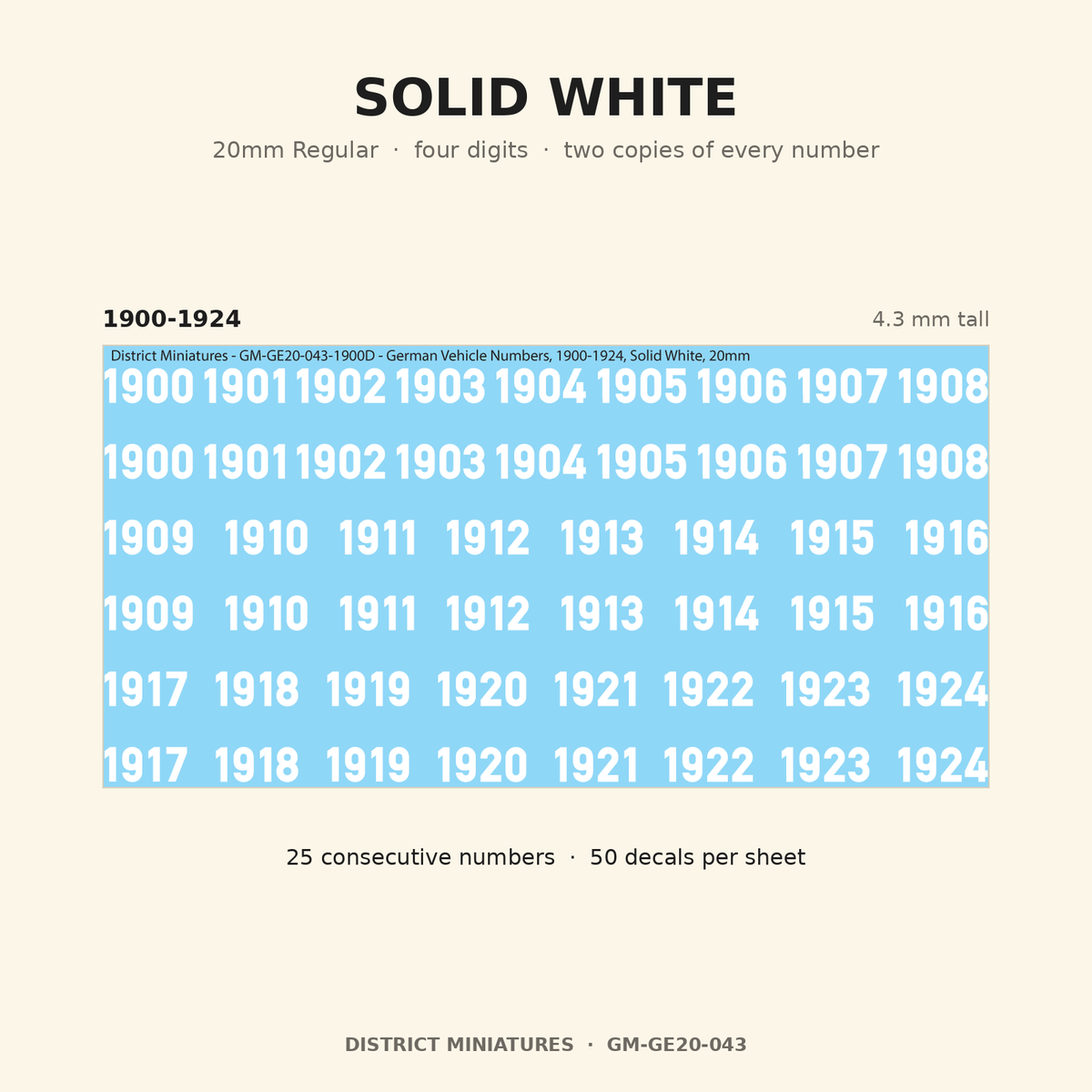 Solid White — 20mm Regular four-digit vehicle numbers