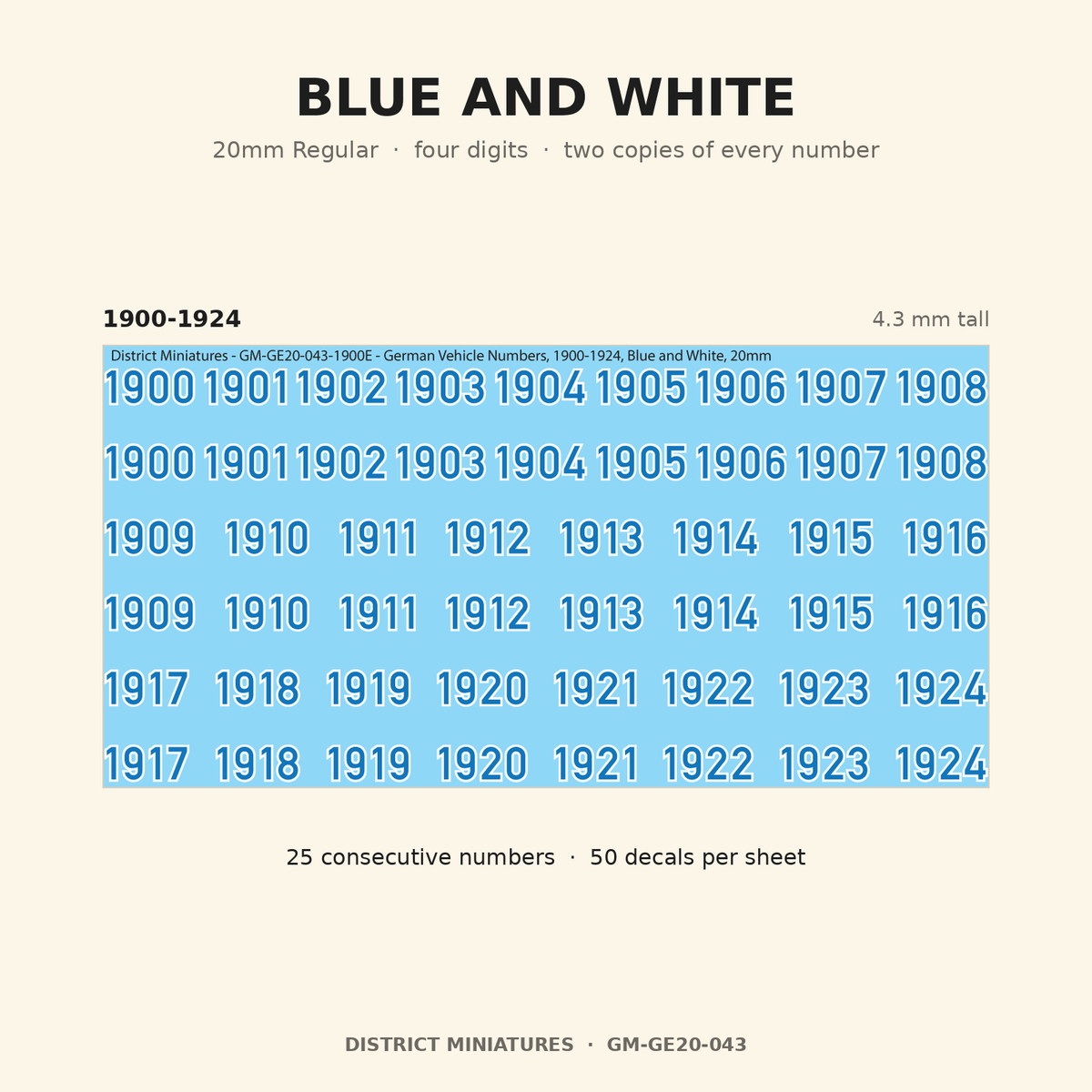 Blue and White — 20mm Regular four-digit vehicle numbers