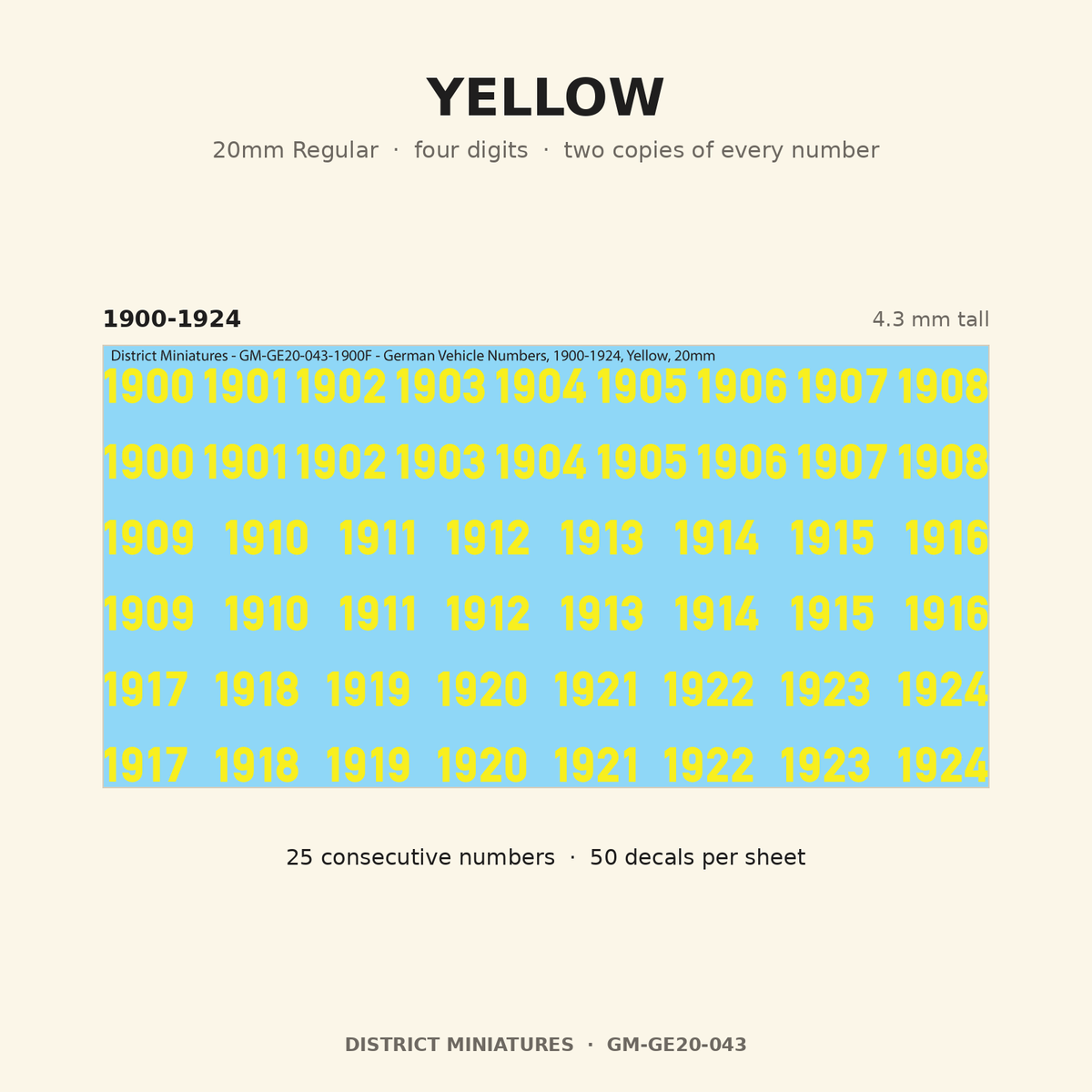 Yellow — 20mm Regular four-digit vehicle numbers