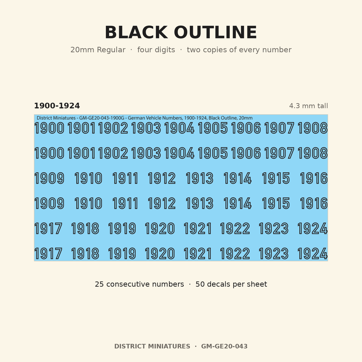 Black Outline — 20mm Regular four-digit vehicle numbers