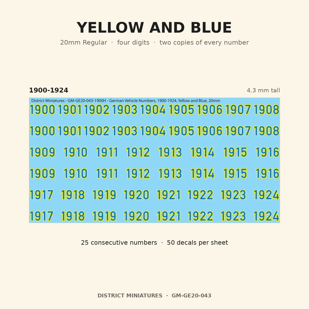 Yellow and Blue — 20mm Regular four-digit vehicle numbers