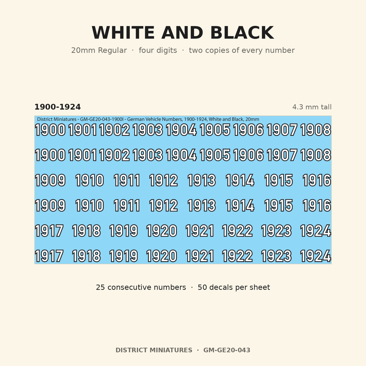 White and Black — 20mm Regular four-digit vehicle numbers