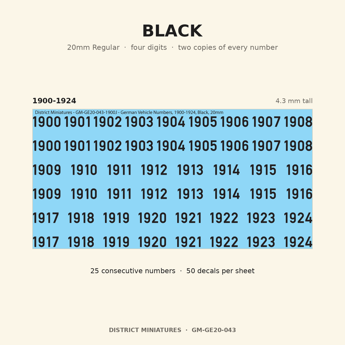 Black — 20mm Regular four-digit vehicle numbers
