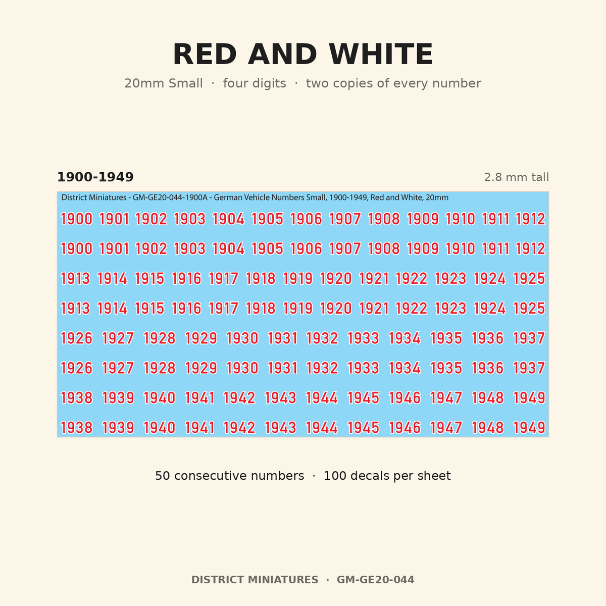 Red and White — 20mm Small four-digit vehicle numbers