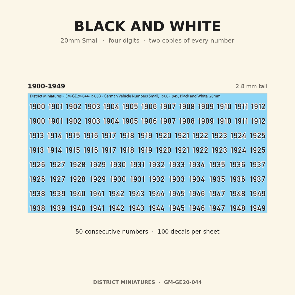 Black and White — 20mm Small four-digit vehicle numbers
