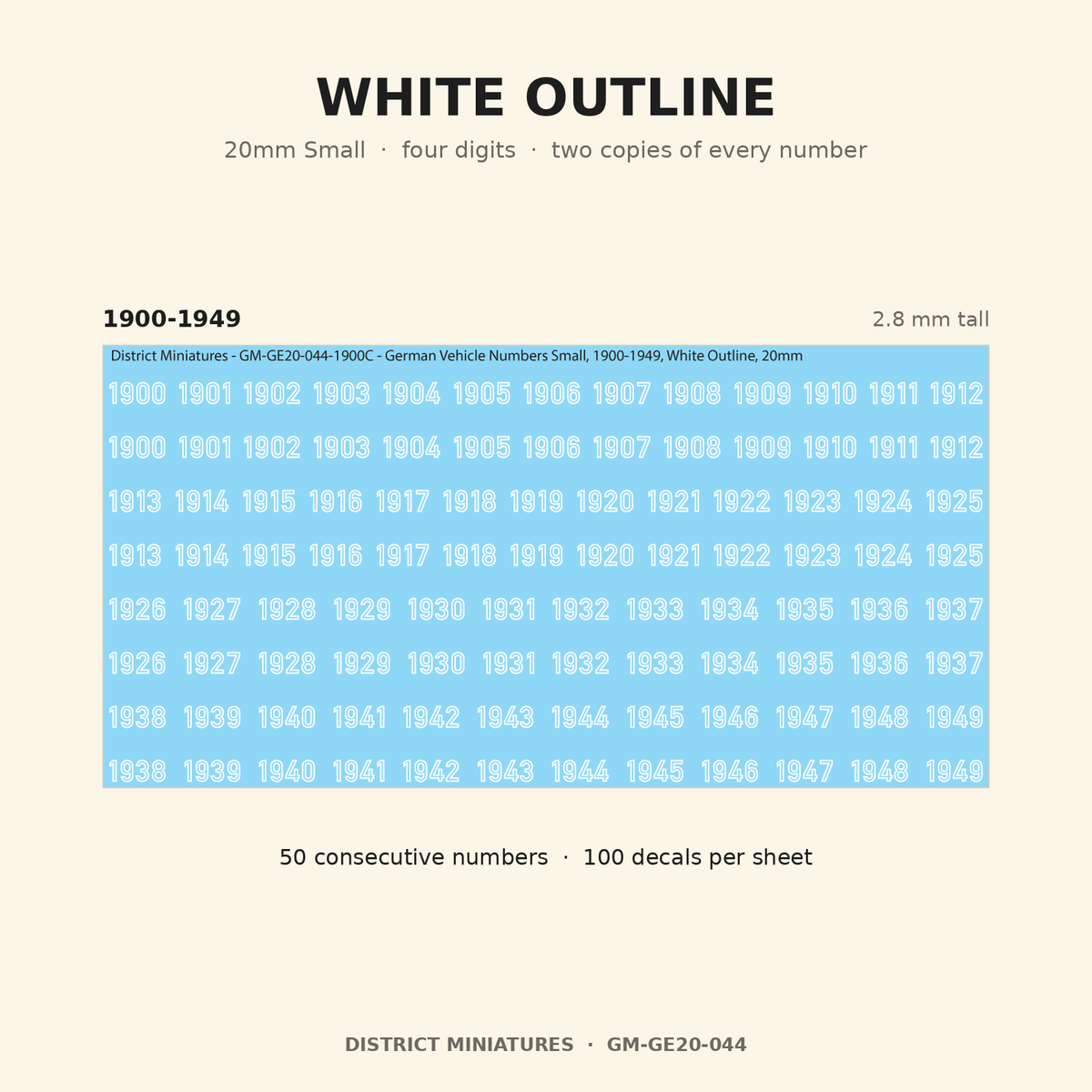 White Outline — 20mm Small four-digit vehicle numbers