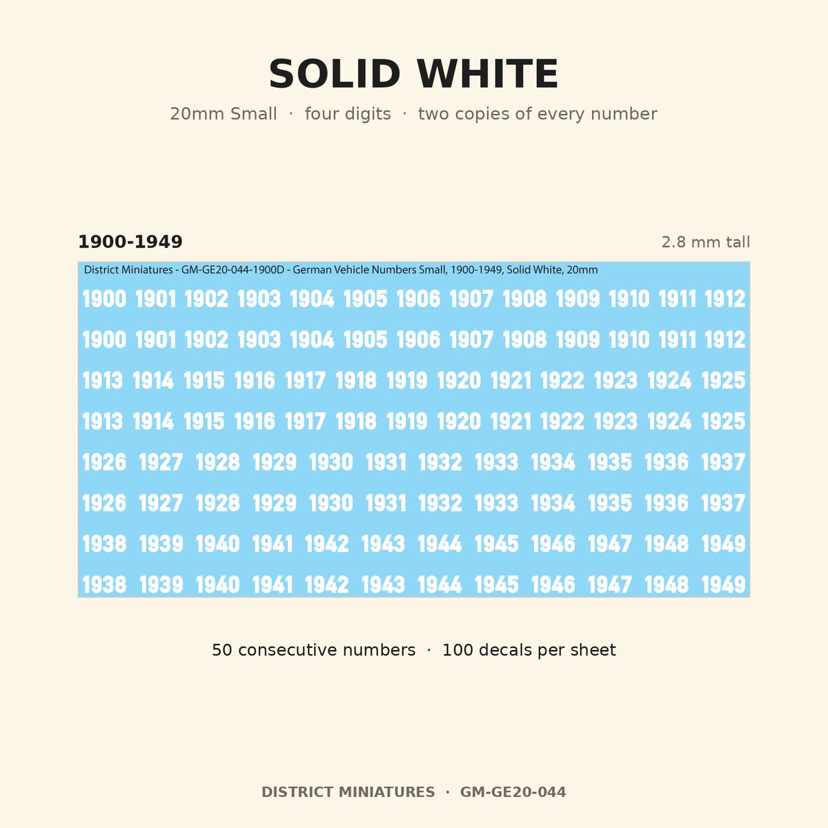 Solid White — 20mm Small four-digit vehicle numbers