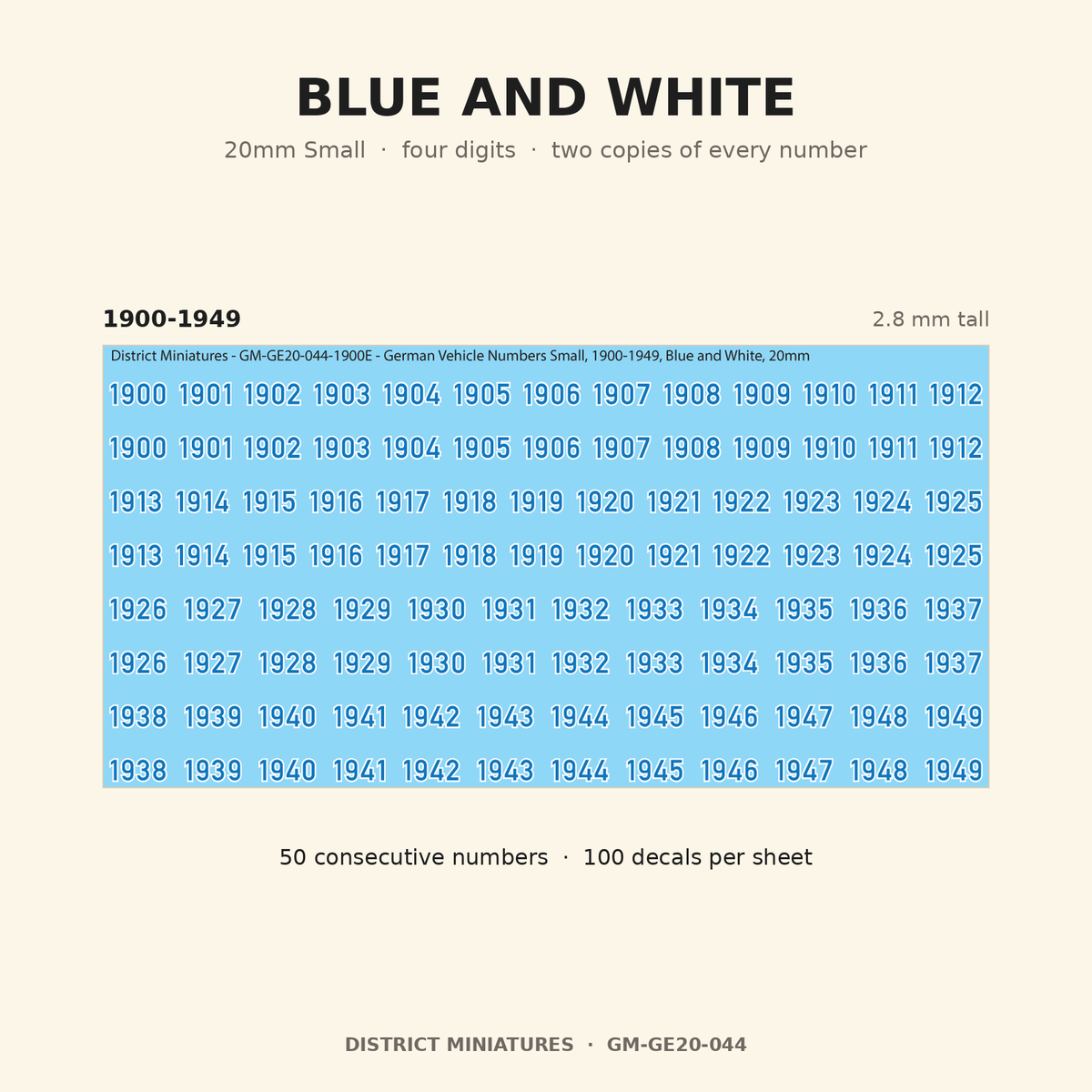 Blue and White — 20mm Small four-digit vehicle numbers