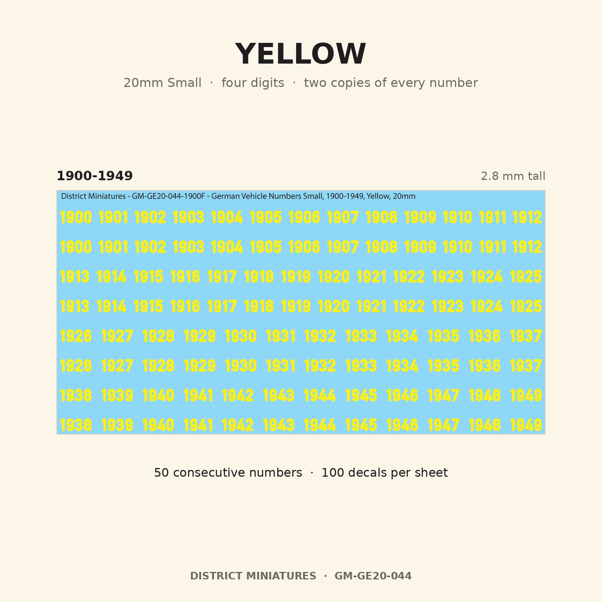 Yellow — 20mm Small four-digit vehicle numbers