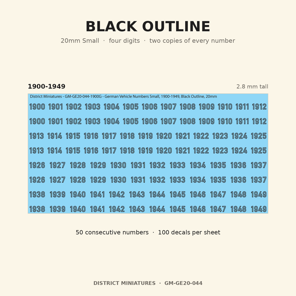 Black Outline — 20mm Small four-digit vehicle numbers