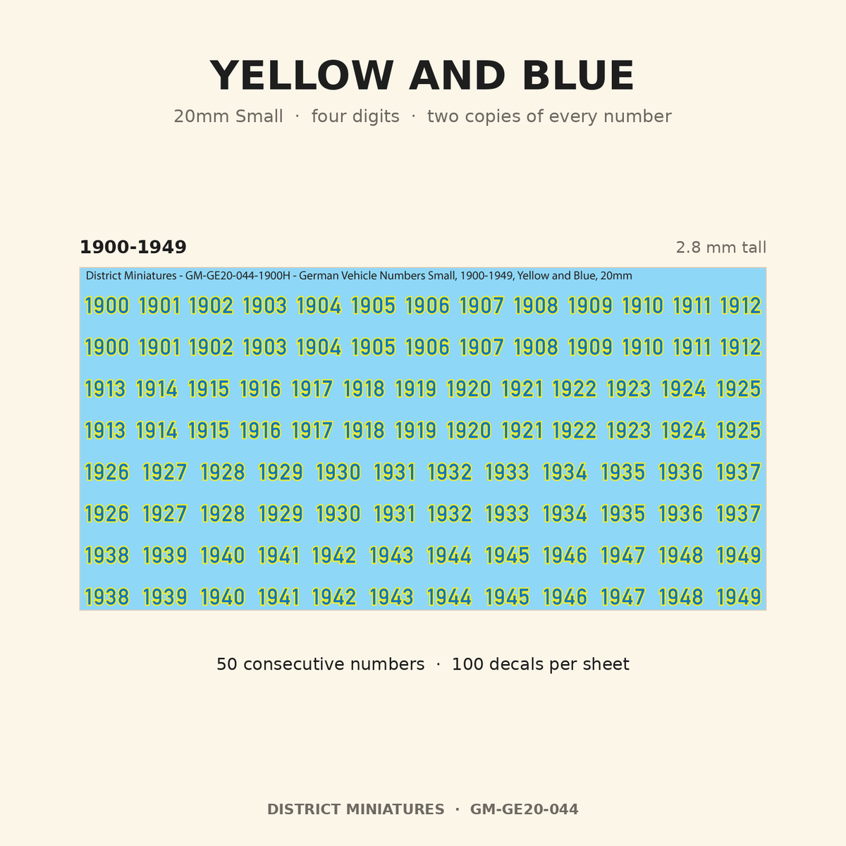 Yellow and Blue — 20mm Small four-digit vehicle numbers