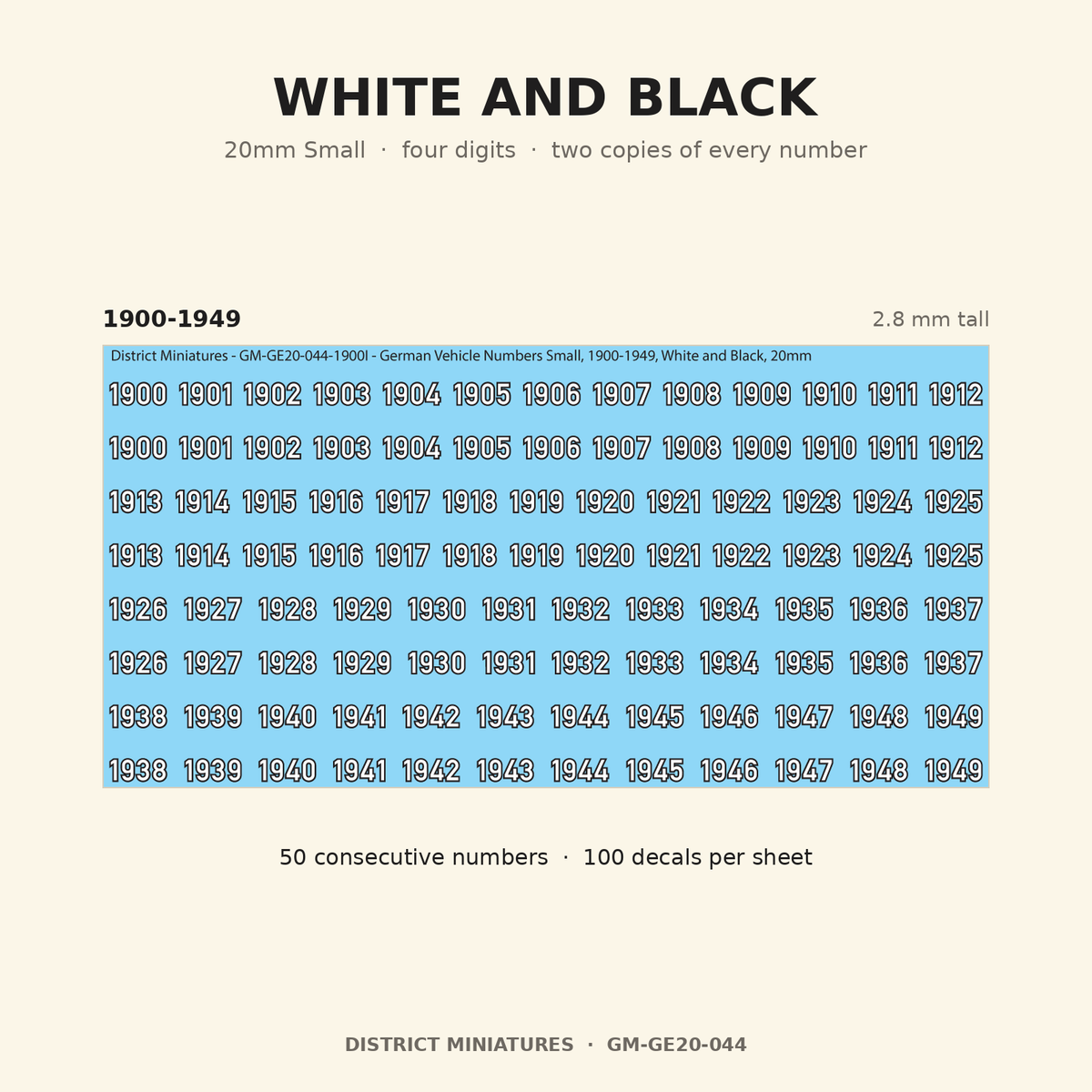 White and Black — 20mm Small four-digit vehicle numbers