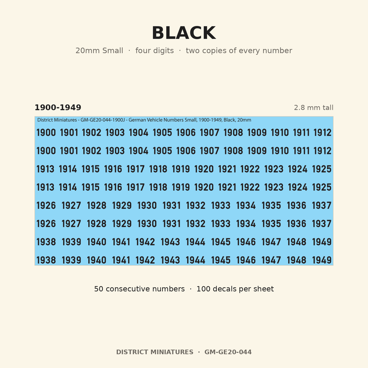 Black — 20mm Small four-digit vehicle numbers