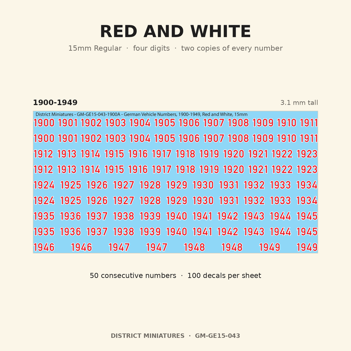 Red and White — 15mm Regular four-digit vehicle numbers