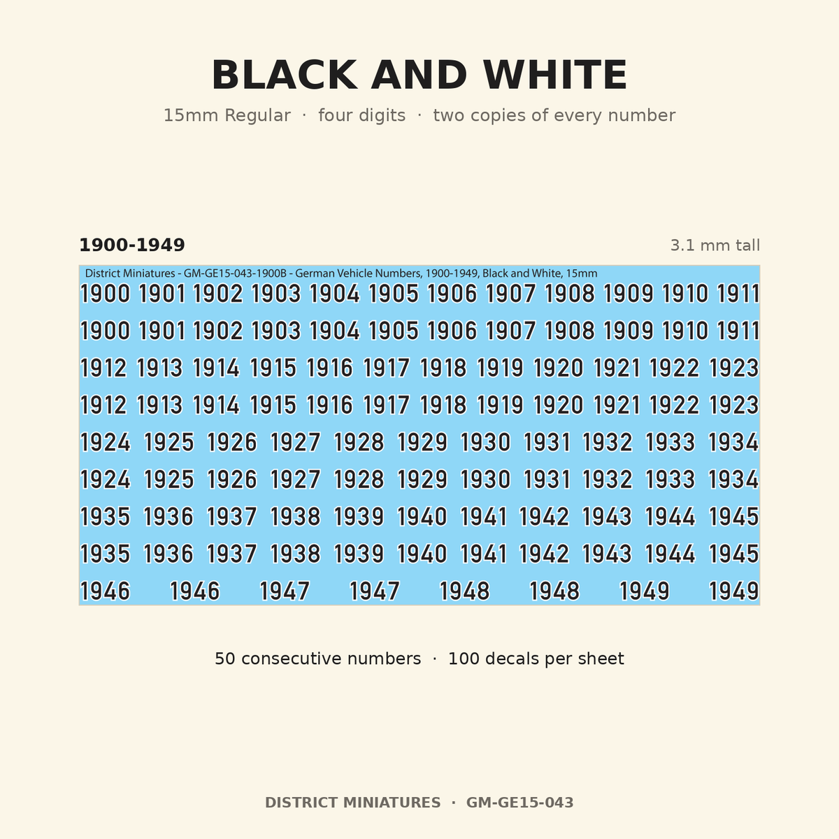 Black and White — 15mm Regular four-digit vehicle numbers