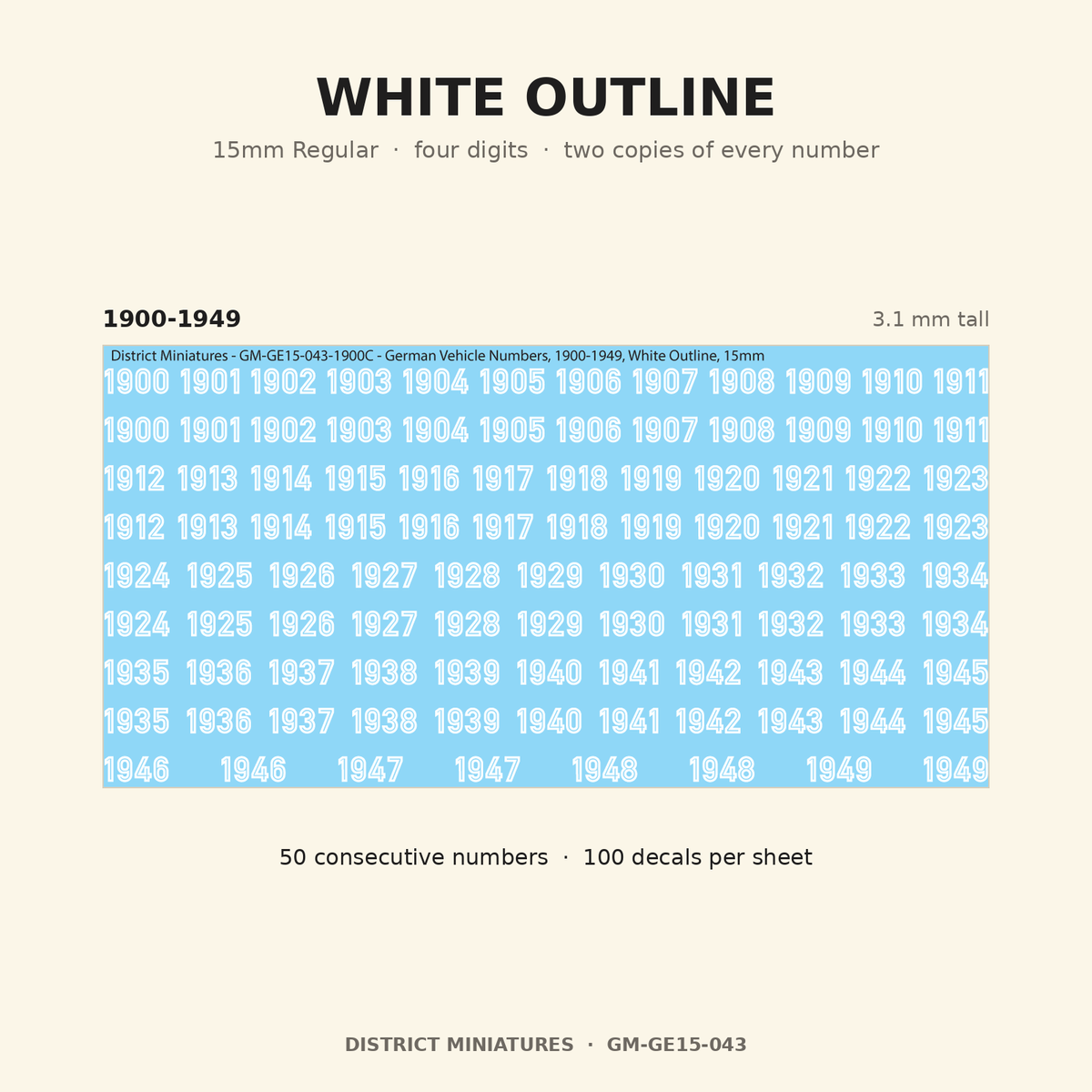 White Outline — 15mm Regular four-digit vehicle numbers
