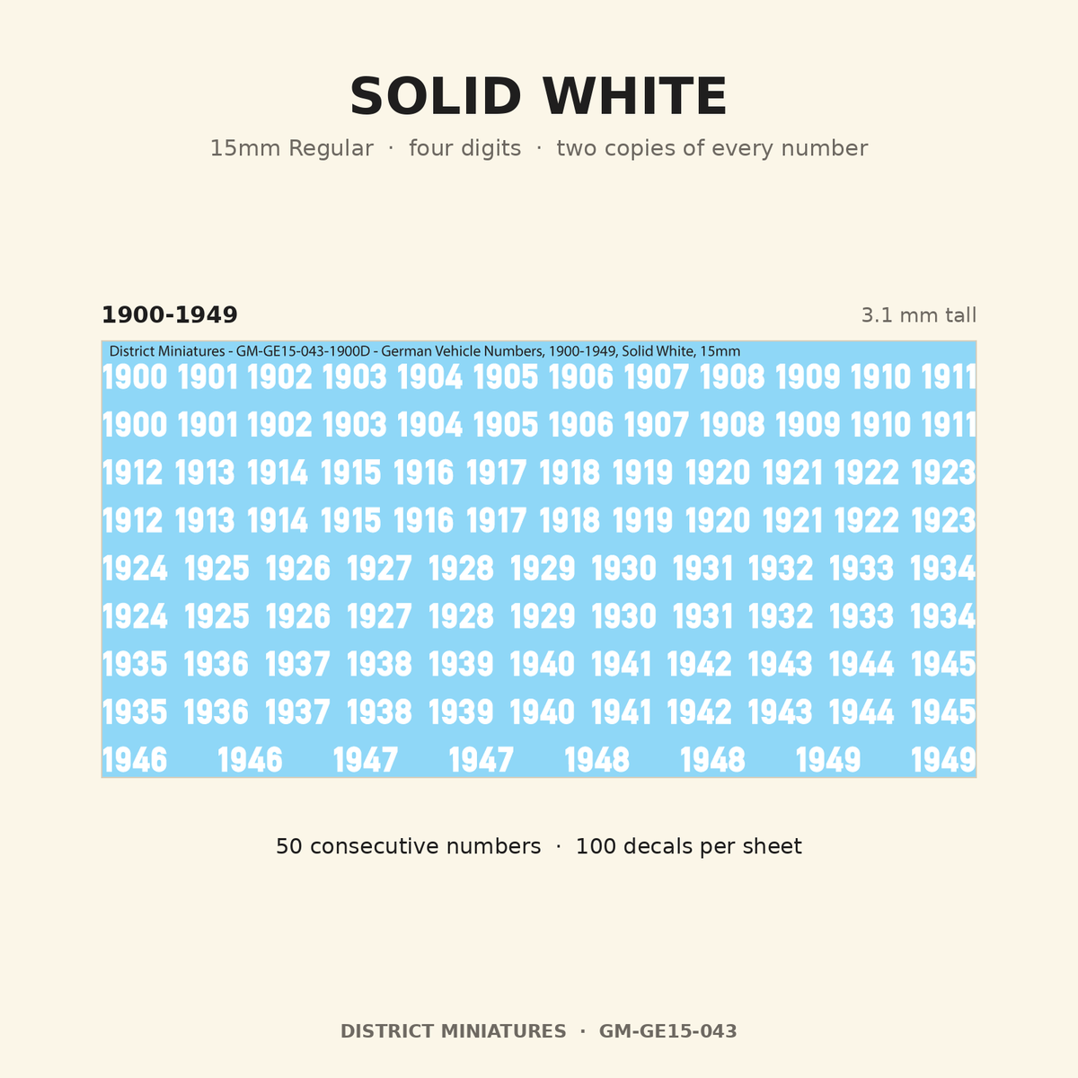 Solid White — 15mm Regular four-digit vehicle numbers