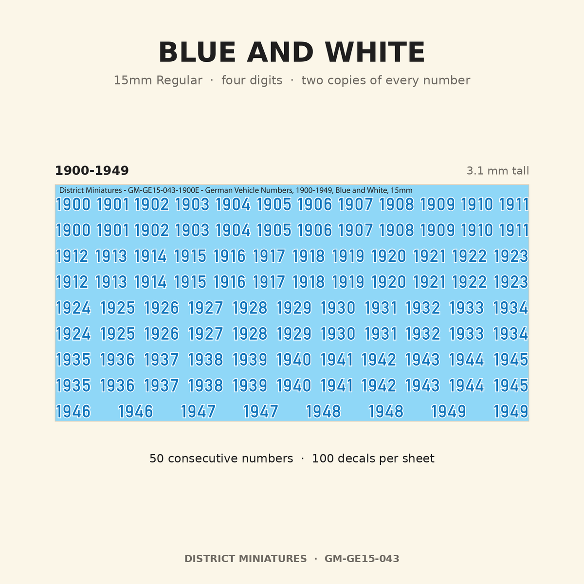 Blue and White — 15mm Regular four-digit vehicle numbers
