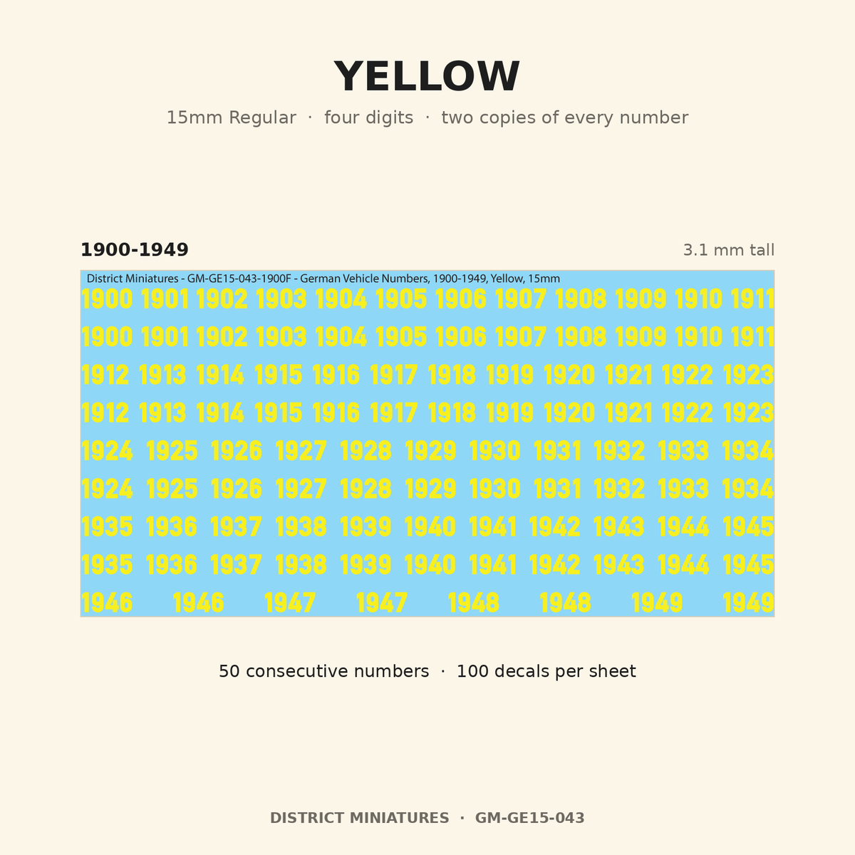 Yellow — 15mm Regular four-digit vehicle numbers