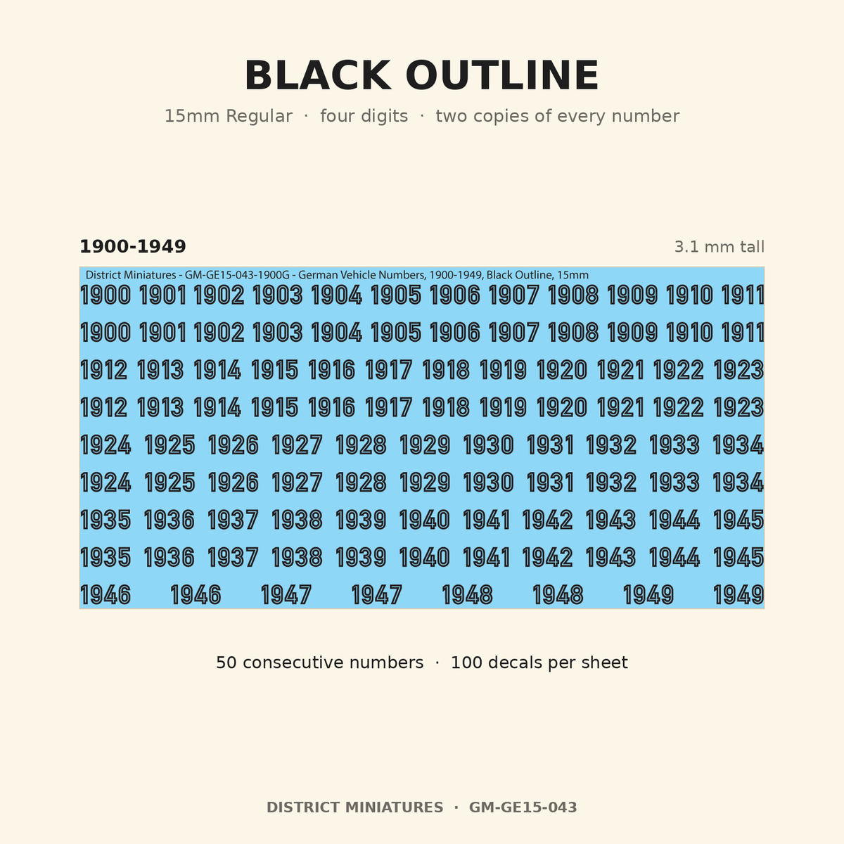 Black Outline — 15mm Regular four-digit vehicle numbers