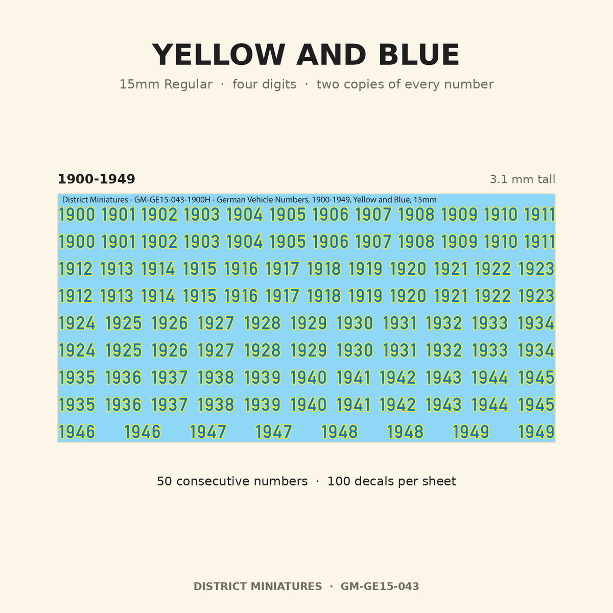 Yellow and Blue — 15mm Regular four-digit vehicle numbers