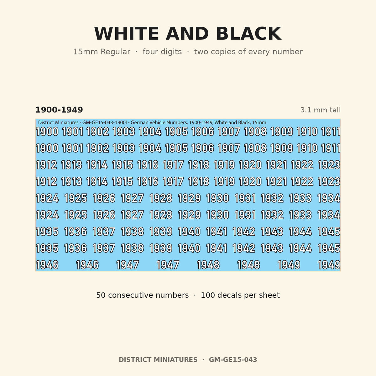 White and Black — 15mm Regular four-digit vehicle numbers