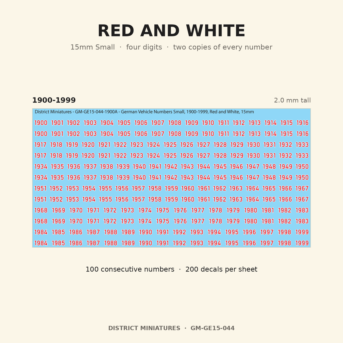 Red and White — 15mm Small four-digit vehicle numbers